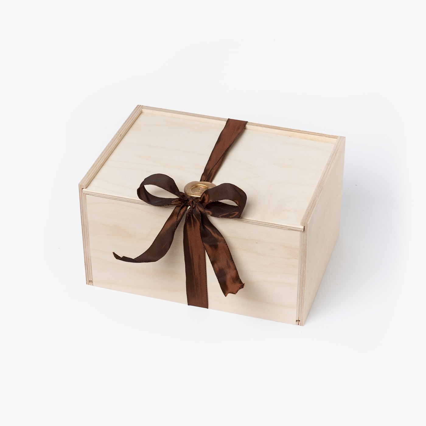 Gift Box Crate filled with assortment of signature chocolates. Tied with Ribbon and Wax Seal.